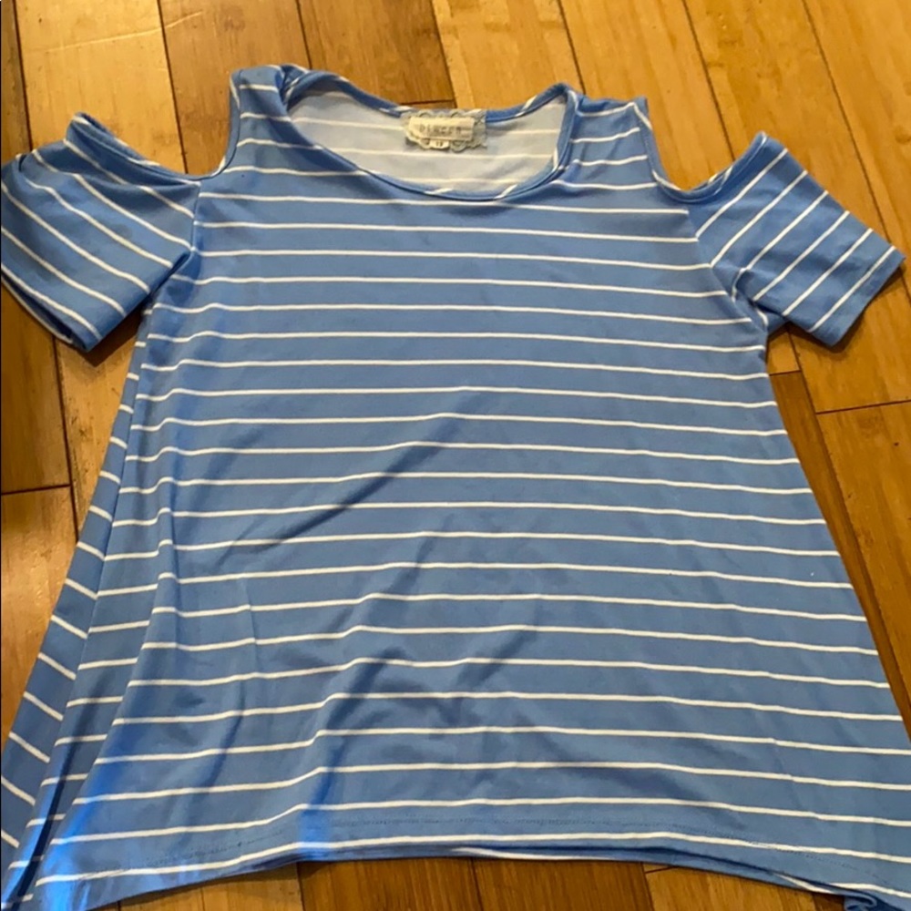 Pale blue and white striped of the shoulder top